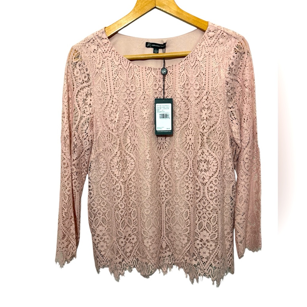 NWT Adrianna Papell lace 3/4 sleeve blouse Blush Pink Large Romantic Coquette